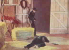 Pancho shoots the sheriff as the sheriff sneaks up behind Zorro.