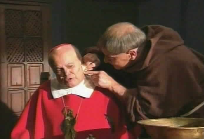 Padre Tomas doctors the Cardinal's scratches.