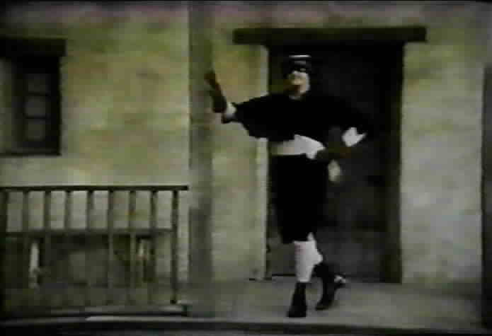 Don Diego is wearing the shrunken Zorro disguise.