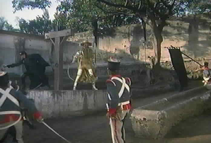 Both Zorros fight the soldiers.